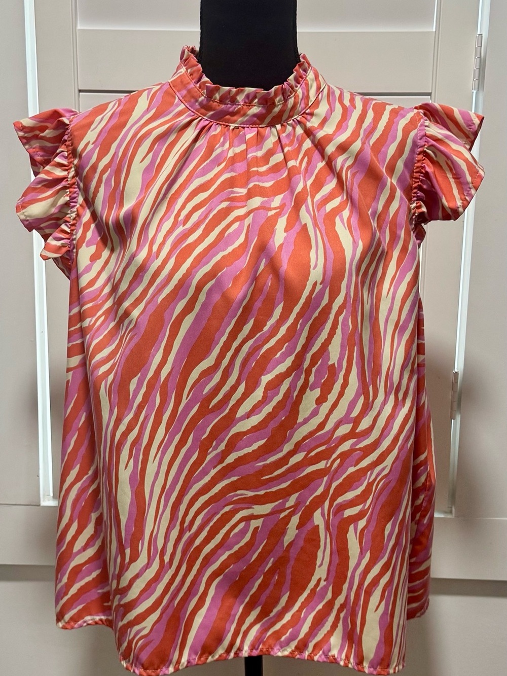 Women’s Ruffled Mock Neck Zebra Print Shirt- Pink & Orange